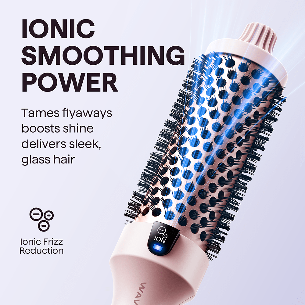 Pink Blowout Boost hair tool with blue bristle head and pink handle on a light gray background, featuring text about ionic smoothing power.