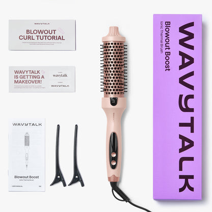 Wavytalk pink Blowout Boost ionic thermal brush with packaging and accessories on a white background