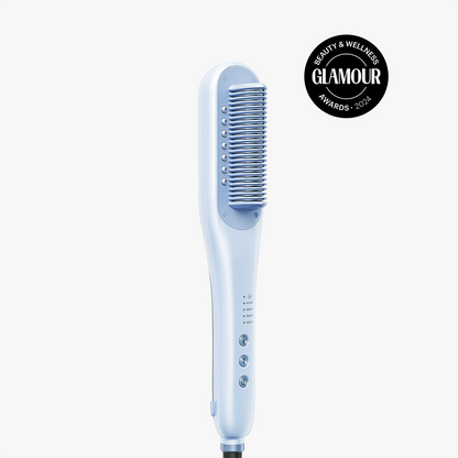 Blue Steamline Pro hair straightening tool featuring the Glamour 2024 Beauty & Wellness Award badge, showcasing its award-winning performance on a clean white background.