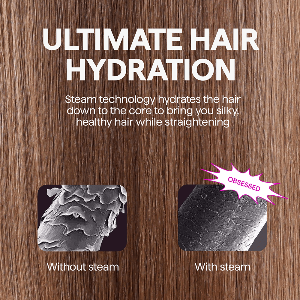Steamline Pro hair straightening tool featuring advanced steam technology to hydrate hair while styling, presented on a brown hair background.