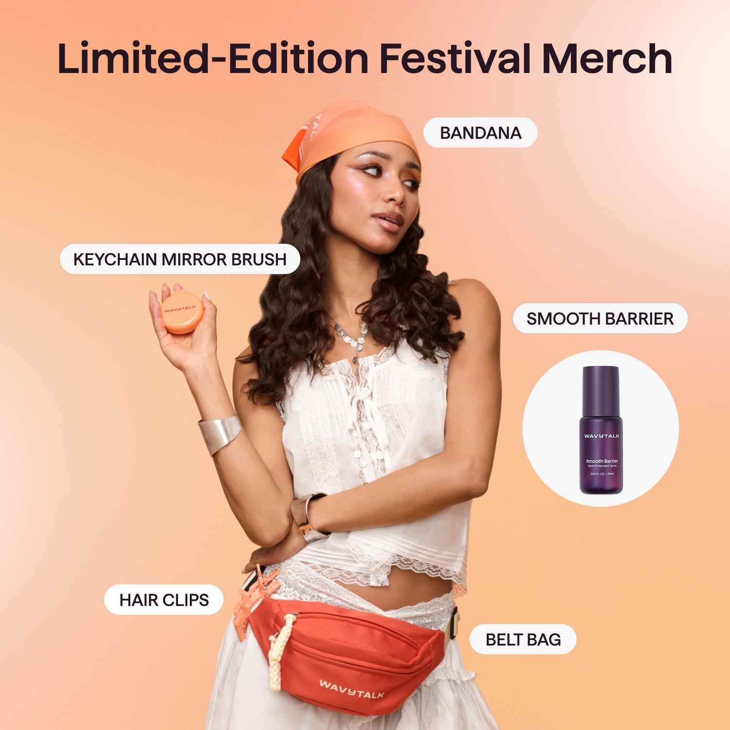 Wavytalk limited-edition festival merch collection featuring a model wearing an orange bandana, belt bag, and hair clips, holding a keychain mirror brush.