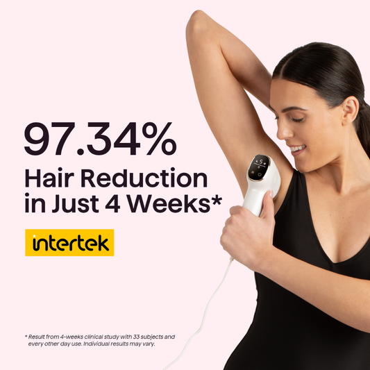 Woman using hair removal device with Intertek branding and hair reduction claim on a white background